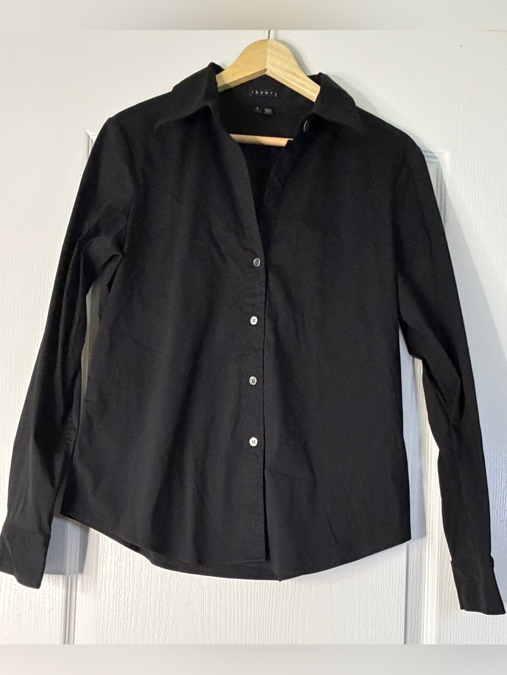 Theory Black Button Front Shirt Women’s Large Long Sleeve Pointed Collar